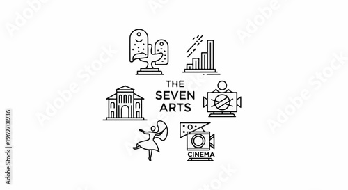 Collection of seven arts icons theatre, sculpture, music, dance, film, architecture, literature