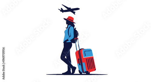 A stylized illustration of a female traveler standing with her luggage and a plane in the sky