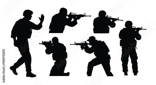 Silhouette of armed soldiers in various combat stances a tactical scene