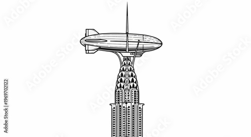 Art deco skyscraper crowned by a dirigible, a vision of futurism