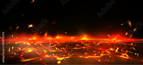 Glowing lava texture with molten magma in ground cracks, fiery red volcanic background, realistic vector illustration. Dramatic hellish liquid flame, broken stone with hot smoke and flying sparks