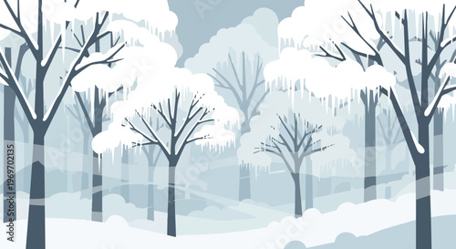 Winter Forest Landscape with Snow Covered Trees and Icicles Vector Illustration