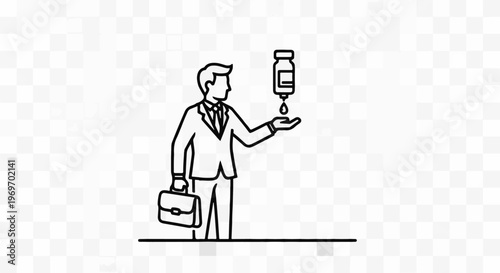 Businessman in suit applies sanitizer from bottle into hand holding briefcase