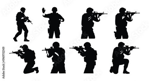 Silhouette of armed soldiers in various combat stances a tactical scene