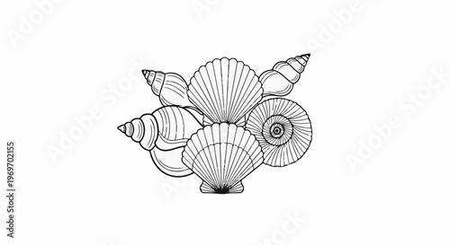 Collection of various sea shells, including spiral and fan shapes