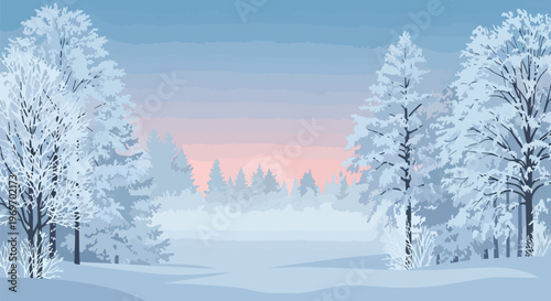 Winter Forest Landscape with Snow Covered Trees and Soft Pastel Sunset Sky