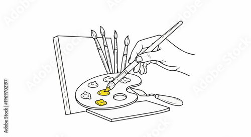 Artistic hand mixing yellow paint on palette with brushes and canvas