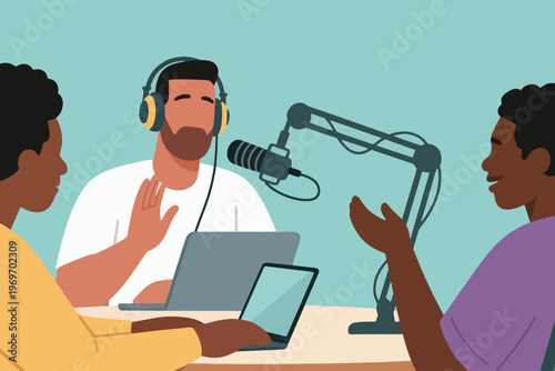 Podcast recording with three people, laptop, microphone, and tablet on teal background, stylized vector illustration.