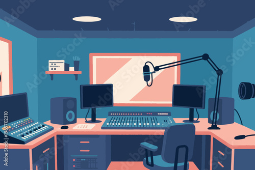 Professional recording studio with mixing console, monitors, microphone, speakers, and window booth, stylized vector illustration.