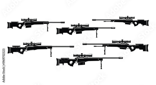 Silhouettes of various sniper rifles displayed in a black and white composition
