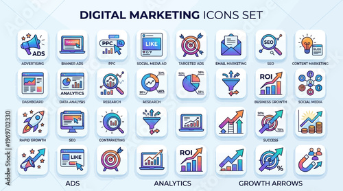 Digital marketing icons set for business growth and analytics on white background