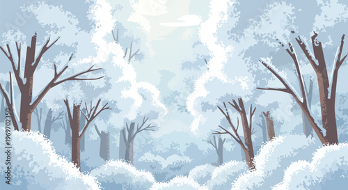 Pixel Art Winter Forest Landscape with Snowy Trees and Soft Morning Light