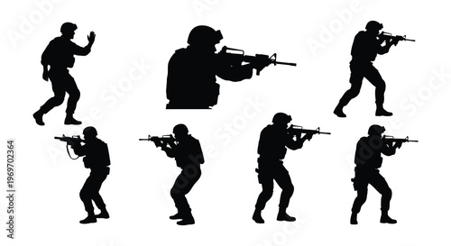 Silhouette of armed soldiers in various combat stances a tactical scene
