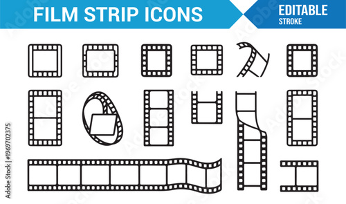 Film and cinema icons set with reel strips and video production symbols