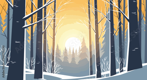 Winter Forest Landscape with Golden Sunset and Snow Covered Trees