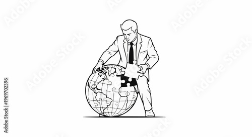 Businessman holding puzzle piece near globe, completing world connection concept