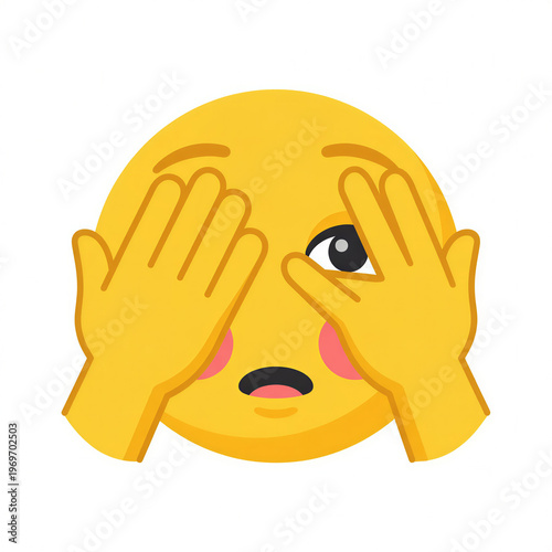 cringe - yellow face hiding eyes with hands, one eye peeking through fingers, blushed cheeks, flat emoji, white bg