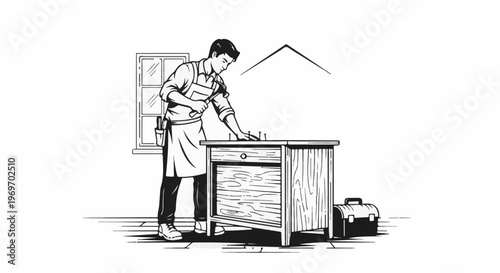Carpenter with hammer building furniture near window