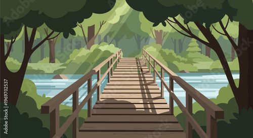 Wooden Bridge Over a Peaceful River in a Lush Green Forest Landscape