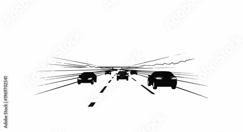 Cars driving on a highway with abstract lines suggesting speed and distance