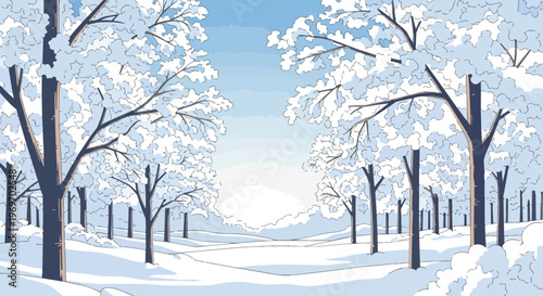 Winter Forest Landscape with Snow Covered Trees and Soft Morning Light