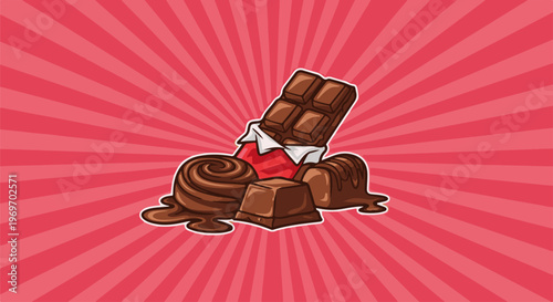 Assortment of decadent chocolate confections on a vibrant, radial background