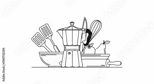 Assortment of kitchen tools and fruits, linework illustration