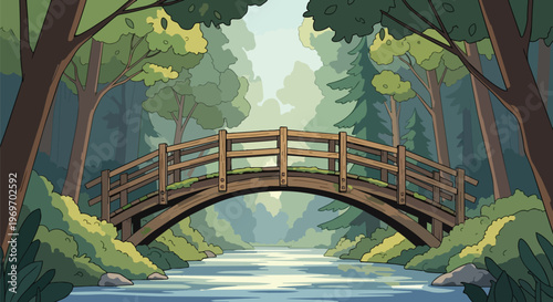 Cartoon wooden bridge over a peaceful river in a lush forest landscape