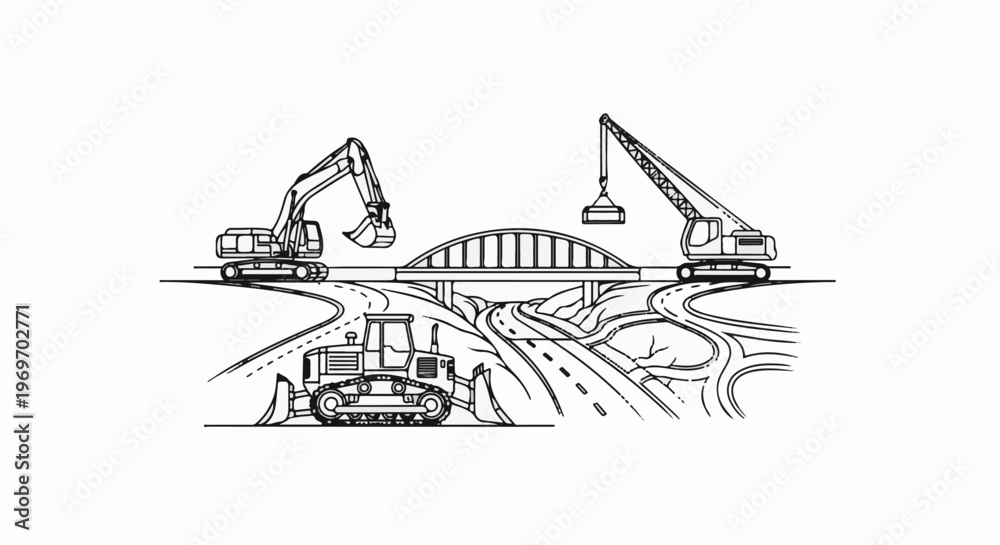 Naklejka premium Construction vehicles and infrastructure development with bridge and roads