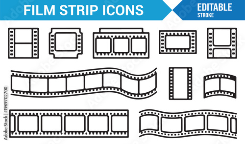 Video and cinema film strip icons set for multimedia projects