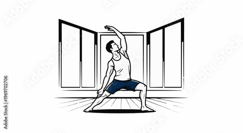 Athletic man performs yoga pose in a minimalist studio with dramatic lighting