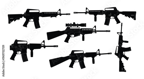 Silhouettes of various sniper rifles displayed in a black and white composition