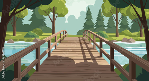 Wooden bridge over a calm river in a peaceful forest landscape