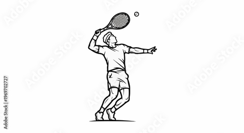 Athletic person in motion, serving a tennis ball with racket