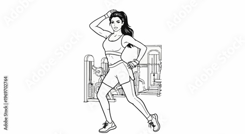 Athletic woman poses at gym with fitness equipment in background