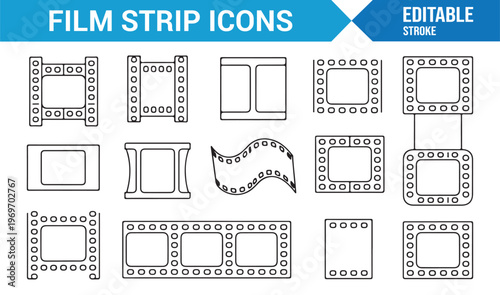Film reel and strip icons set for video production and media design