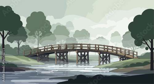 Serene Wooden Bridge Over A Calm River In A Misty Forest Landscape