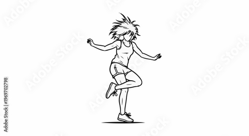 Athletic figure in a dynamic pose, arms outstretched, mid-stride
