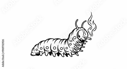 Cartoon caterpillar with antennae smoking a cigarette with flames