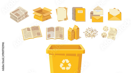 Document management, archiving, and paper recycling concept with folders, books, and papers illustrating organized filing and sustainable office practices.