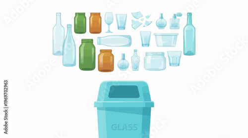 Glass recycling concept: blue recycling bin with assorted bottles and jars above it