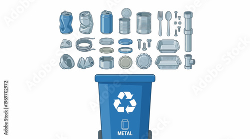 Blue recycling bin labeled Metal with assorted scrap metal parts and fasteners, illustrating efficient metal recycling, waste sorting, and sustainable metals management.