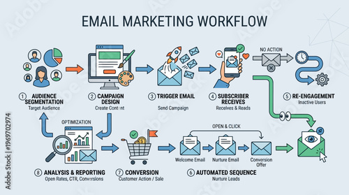 Email marketing workflow process steps on white background