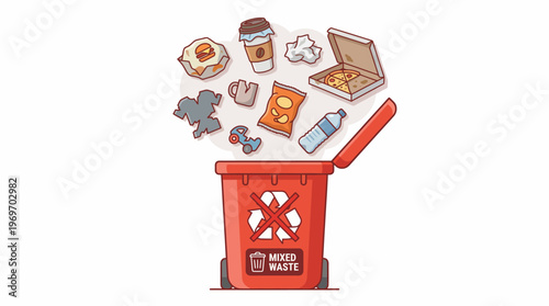 Illustrated red trash bin overflowing with mixed waste items, highlighting waste sorting, recycling, and responsible garbage disposal for sustainable living.