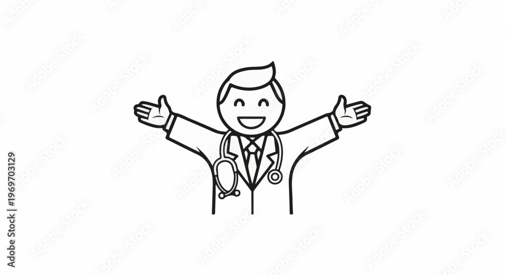 Fototapeta premium Cartoon doctor with stethoscope, arms outstretched in welcome