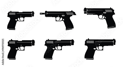 Six black silhouette pistols displayed in a grid arrangement