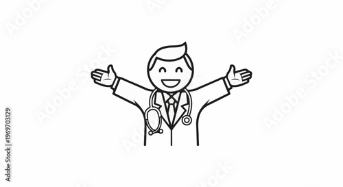 Cartoon doctor with stethoscope, arms outstretched in welcome