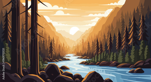 Serene Mountain River Landscape at Sunset with Pine Forest Illustration