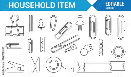 Home equipment icons set with clips fasteners and hangers