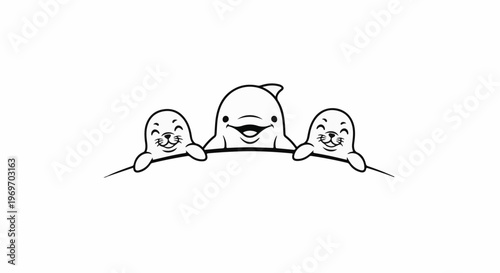 Cartoon dolphin and two seals peeking over a surface with smiles